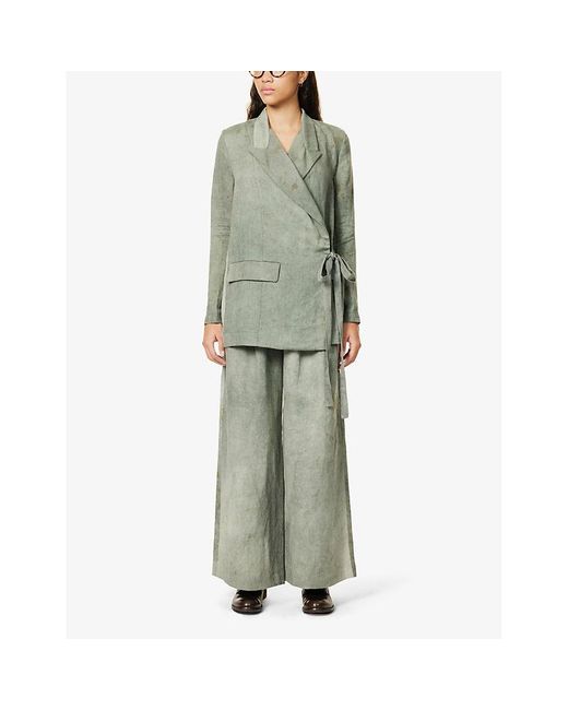 Uma Wang Green Paella Distressed Relaxed-fit High-rise Linen And Cotton-blend Trousers