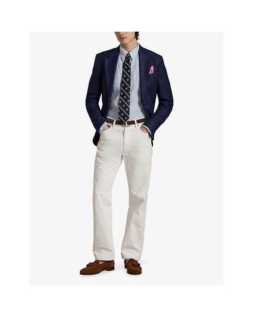 Polo Ralph Lauren Blue Stripe Logo-Embroidered Custom-Fit Linen Shirt for men