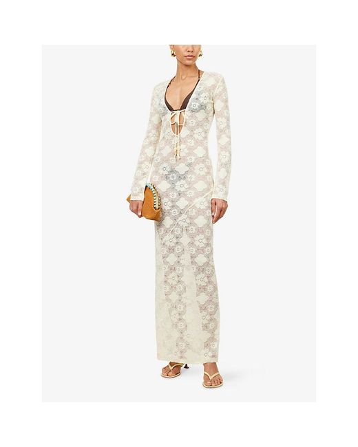 HYPHEN Yellow Long-Sleeve Semi-Sheer Lace Maxi Dress