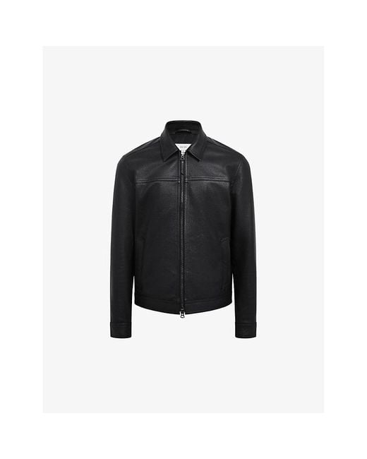 Reiss Black Roland Classic-fit Leather Biker Jacket for men