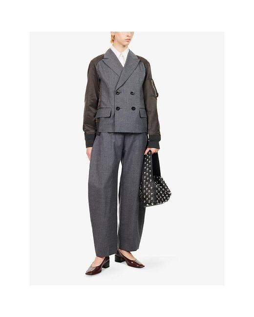 Sacai Gray Curved-Leg High-Rise Wool Suit Trousers