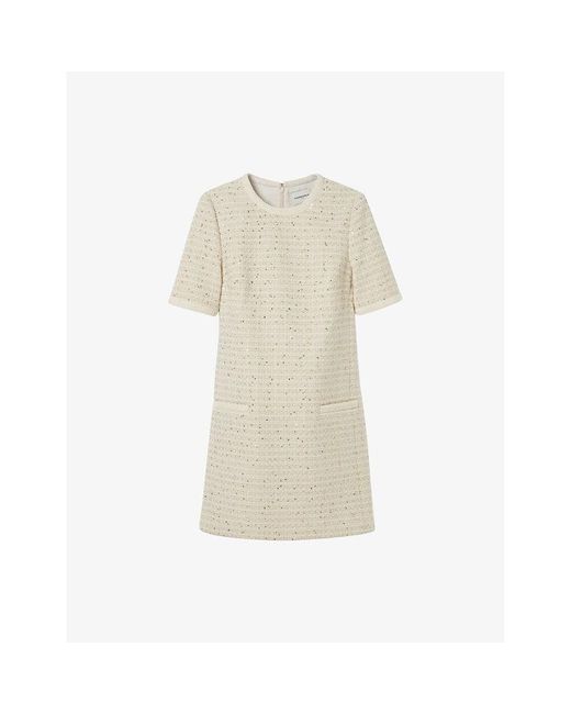 Claudie Pierlot Natural Round-Neck Short-Sleeve Tweed Mini Dress