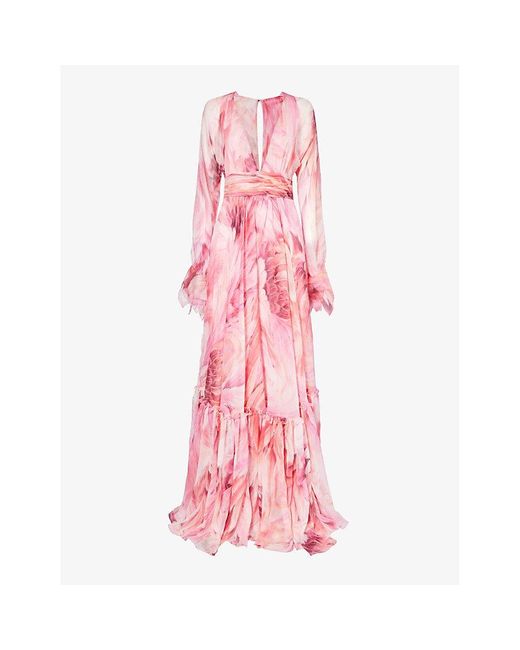 Roberto Cavalli Pink Floral-print Long-sleeve Silk Maxi Dress