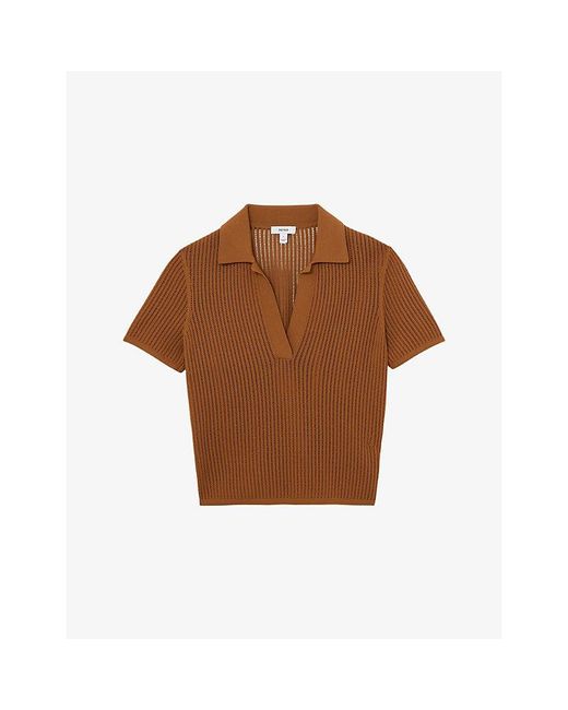 Reiss Brown Pippa Open-Stitch Woven Polo Shirt