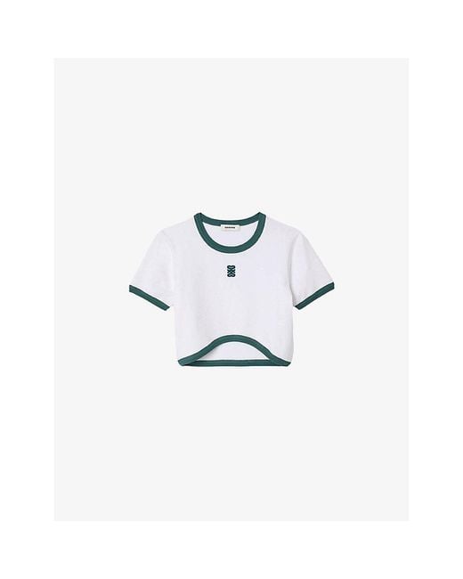 Sandro White Logo-Embroidered Two-Tone Stretch-Cotton Cropped Top