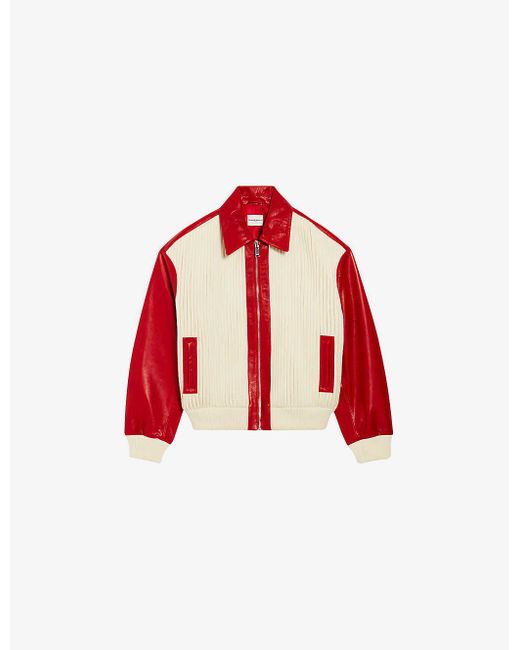 Claudie Pierlot Red Contrast-sleeve Ribbed Leather And Knitted Jacket