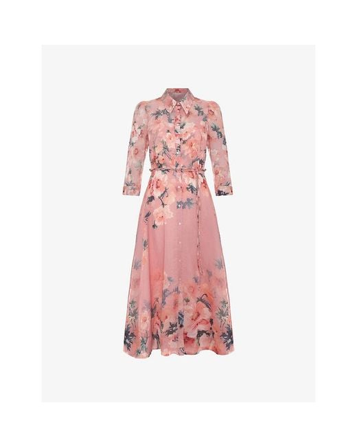 Phase Eight Pink Petite Anabella Floral-Print Linen-Blend Midi Dress