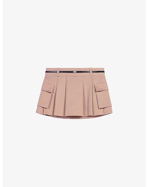 Maje Pink Buckle-embellished Mid-rise Pleated Cotton Mini Skirt