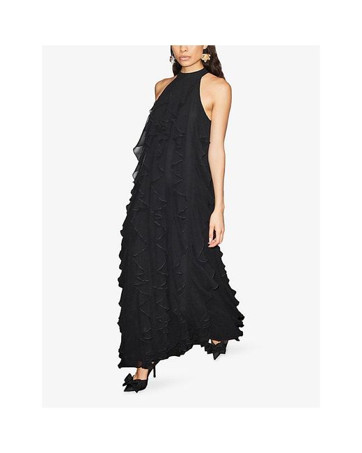 Ro&zo Black Lulu Frill High-Neck Woven Maxi Dress
