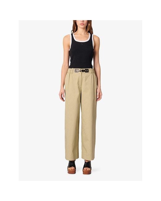 Maje Natural Logo-Embellished Straight-Leg Mid-Rise Cotton Trousers