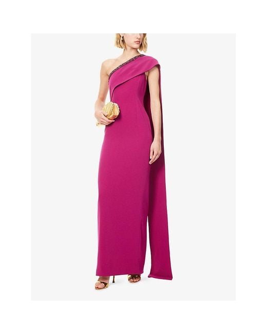 Roland Mouret Purple Embellished-Sash One-Shoulder Woven Gown