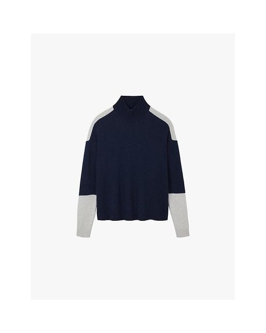 The White Company Blue Funnel-Neck Colour-Block Wool And Cashmere-Blend Jumper