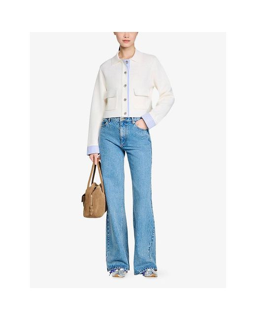 Sandro White Contrast-Trim Wool-Blend Polo Cardigan