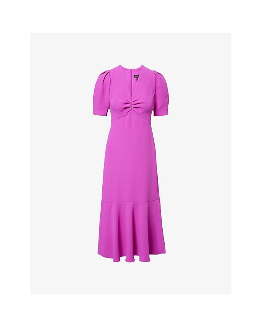 ME+EM Purple Crepe Puffed-Short-Sleeves Woven Midi Dress