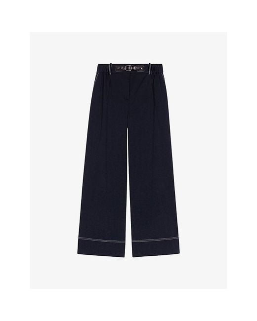 Maje Blue Belted-Waist Contrast-Stitch Stretch-Cotton Trousers