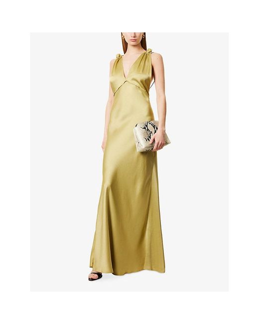 Victoria Beckham Metallic Gathered V-Neck Satin Maxi Dress