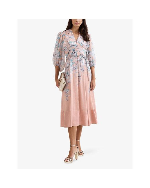Phase Eight Pink Alison Floral-Print Linen-Blend Midi Dress