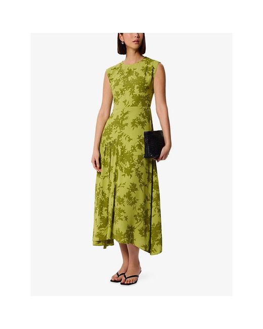 Whistles Green Floral-Print Asymmetric-Hem Woven Midi Dress
