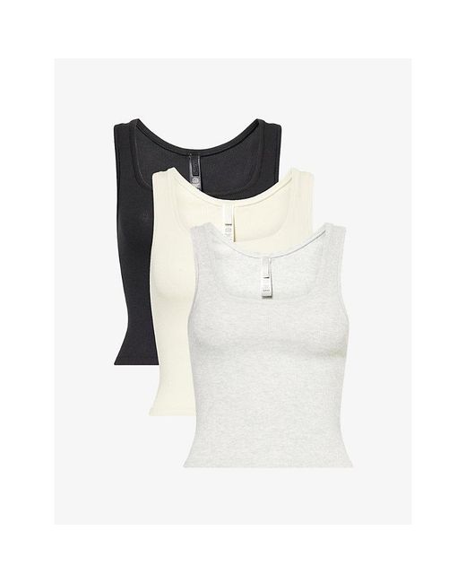 Skims White Ribbed Scoop-Neck Pack Of Three Cotton-Jersey Tank Tops