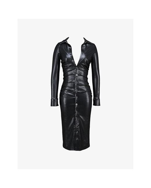 House Of Cb Black Viola Open-Collar Button-Down Faux-Leather Midi Dress