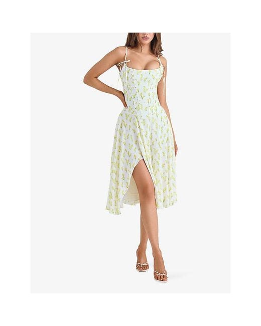 House Of Cb White Yvette Floral-Print Woven Midi Dress Xs (A-C Cup)