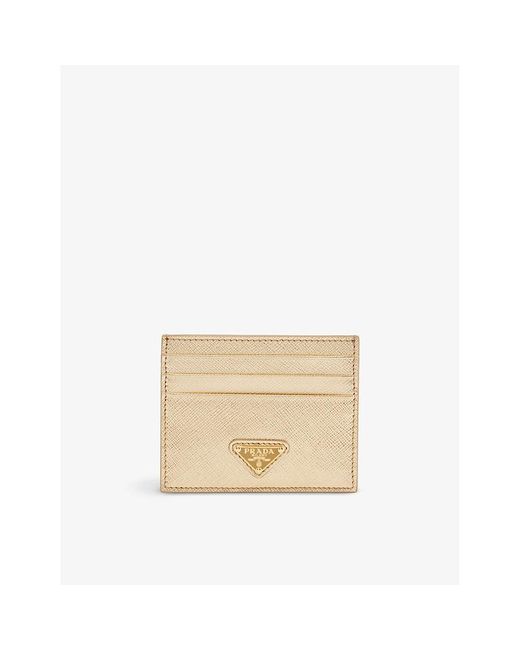 Prada Logo-plaque Saffiano Leather Card Holder in Natural