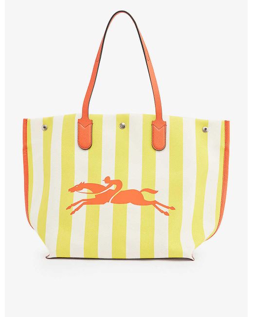 Longchamp Yellow Roseau Logo-print Striped Cotton Tote Bag