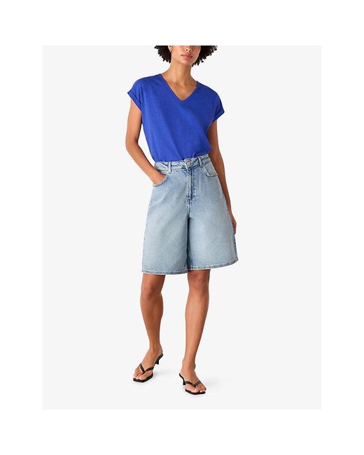 Whistles Blue Willa V-Neck Cotton-Jersey T-Shirt
