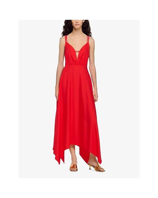 Sandro Red Asymmetric V-Neck Woven Maxi Dress