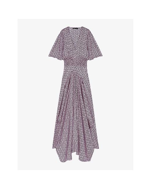 Maje Purple Graphic-print Shirred-waist Woven Midi Dress