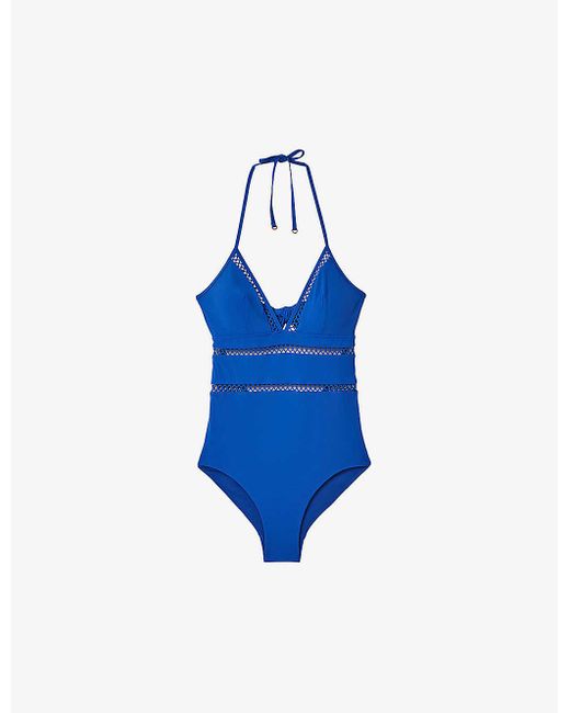 Reiss Blue Gia Halter-neck Lattice-trim Swimsuit