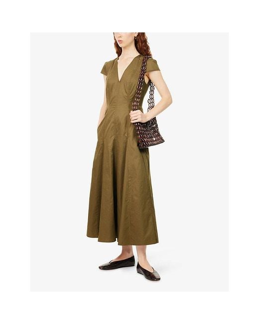 ME+EM Green V-Neck Fit-And-Flare Cotton-Blend Maxi Dress
