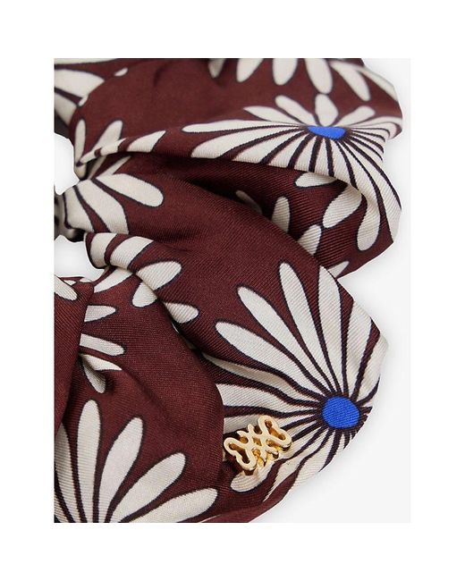 Sandro White Branded Floral-Print Silk Scrunchie