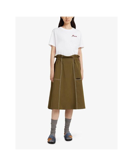 Marni Green Flared Paperbag-Waist Woven Midi Skirt
