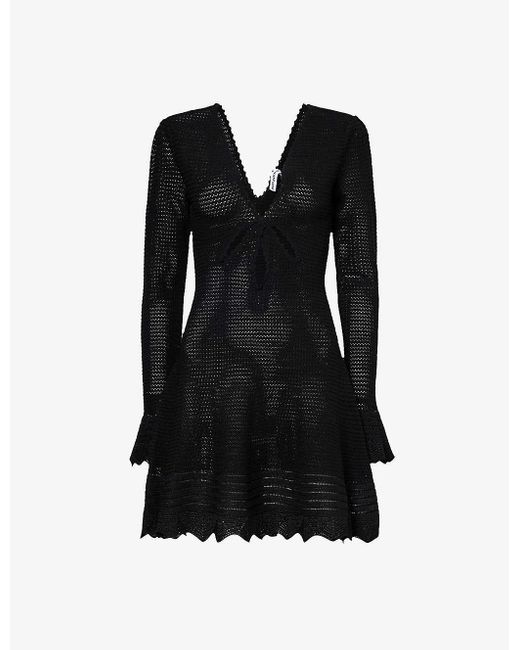 Self-Portrait Black Long-sleeved Cut-out Knitted Mini Dress