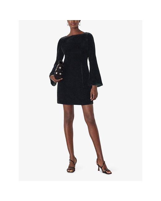 Whistles Black Square-Neck Flare-Sleeve Velvet Mini Dress