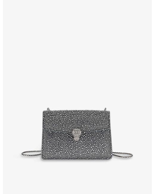 BVLGARI Gray Serpenti Forever Crystal-embellished Suede Crossbody Bag