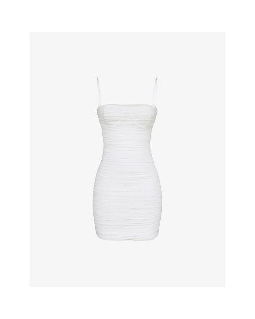 House Of Cb White Ella Gathered Stretch-Mesh Mini Dress Xs (A-C Cup)