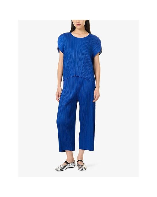 Pleats Please Issey Miyake Blue Short-Sleeve Pleated Knitted Shirt