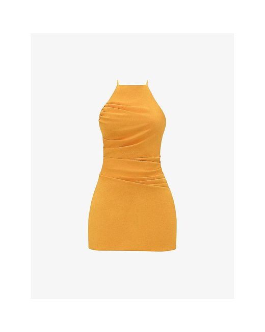 Mistress Rocks Orange Halter-Neck Lace-Trim Woven Mini Dress