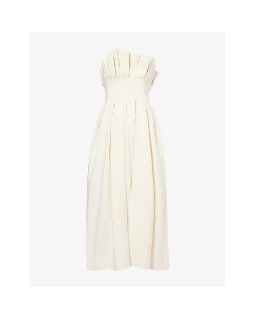 Khaite White Claude Pleated Linen-Blend Midi Dress