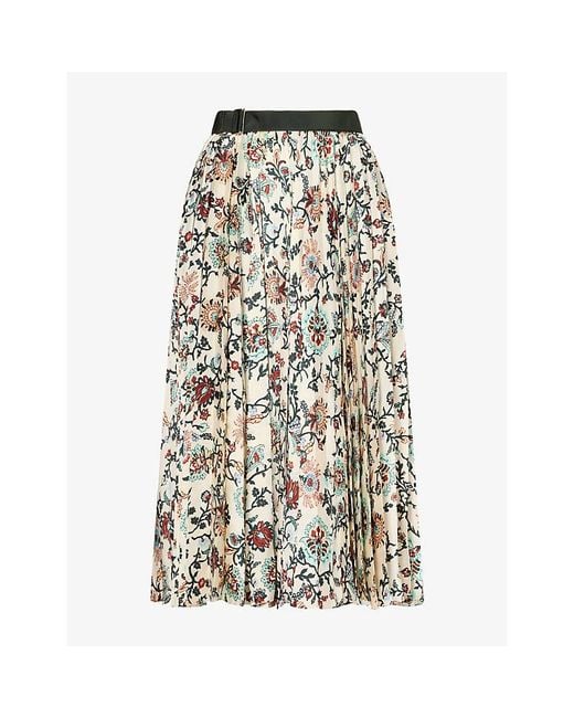 Sacai White Floral Pleated Satin Midi Skirt
