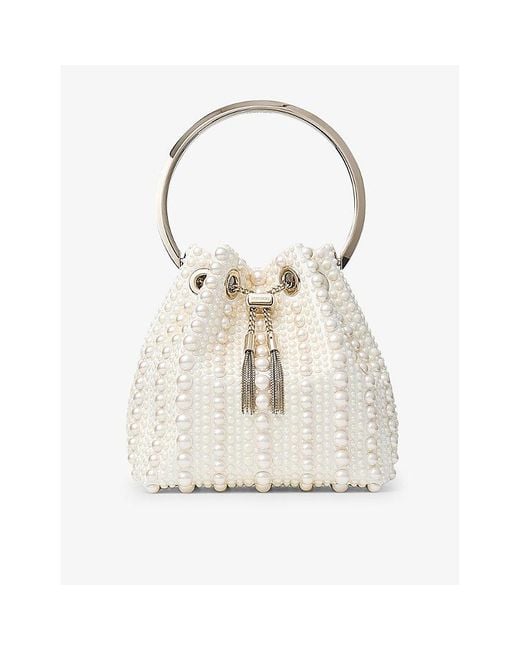 Jimmy Choo White Bon Bon Pearl-Embellished Satin Top-Handle Bag