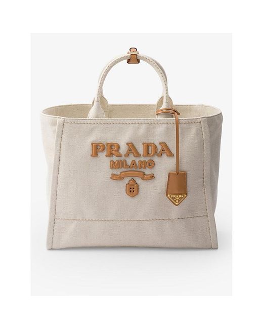 Prada Natural Brand-typography Large Linen-blend Tote Bag