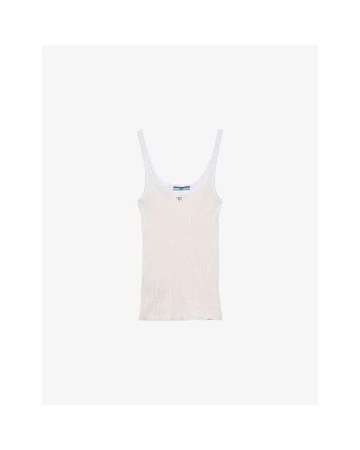 Prada White Logo-Plaque Ribbed Cotton Tank Top