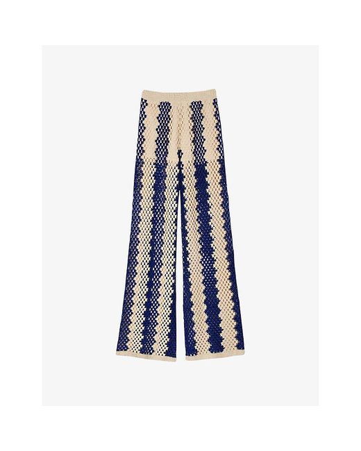 Sandro Blue Two-Tone Open-Knit Cotton-Blend Trousers