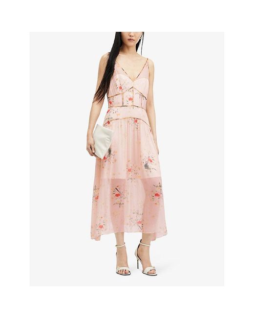 AllSaints Pink Kora Floral-print Stretch-woven Midi Dress