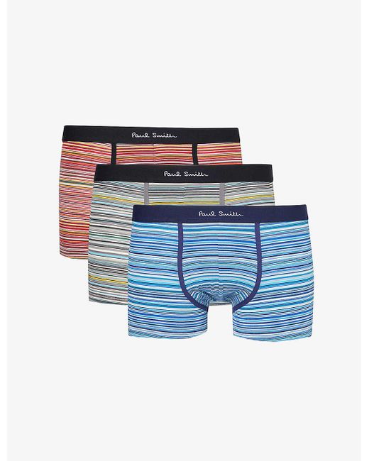 Paul Smith Blue Stripe-print Pack Of Three Stretch Organic-cotton Trunks for men