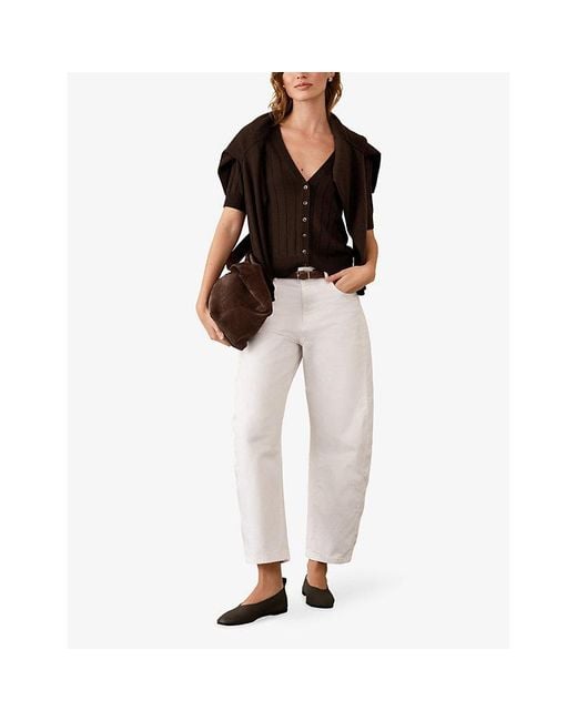 The White Company Black Short Sleeve Ribbed Wool-Blend Cardigan
