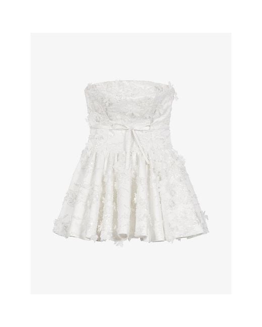 Maje White Floral-Appliquéd Strapless Woven Mini Dress